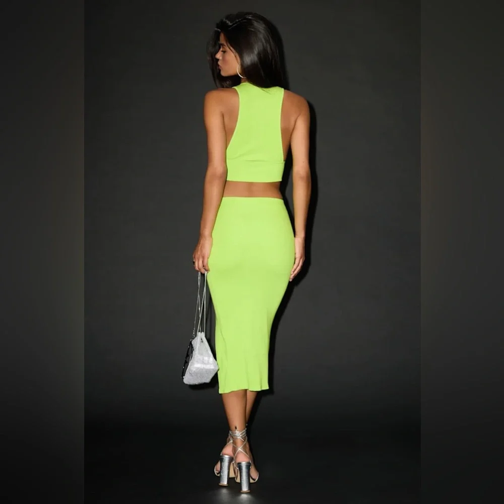 NWOT Lulu’s Absolute Edge Lime Green 2 Piece Bodycon Midi Set $72 Small - Picture 6 of 9